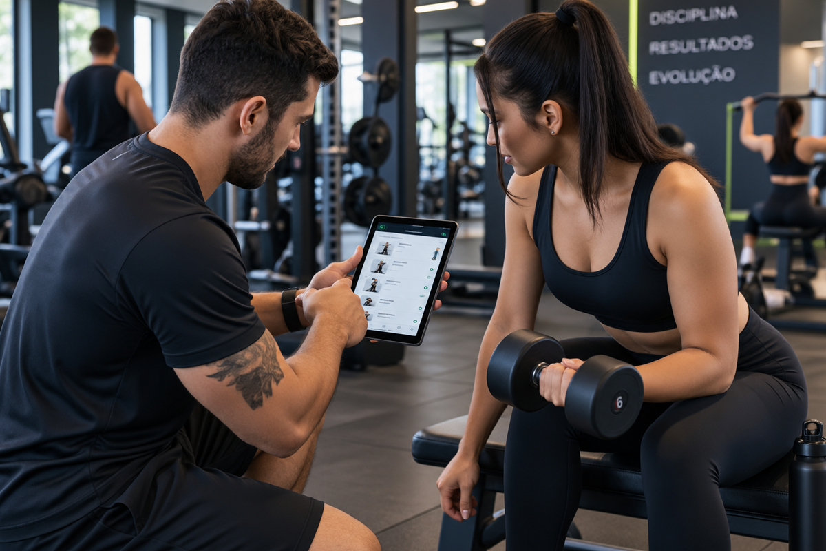 Personal trainer utilizando o Personal Force com aluno