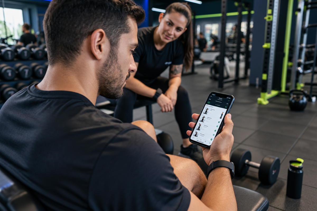 Aluno de academia acessando treino Personal Force pelo celular