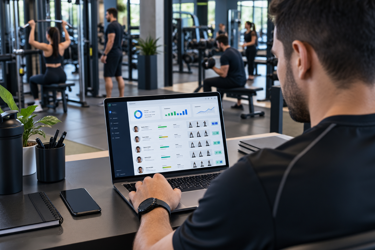 Personal trainer gerenciando alunos e treinos